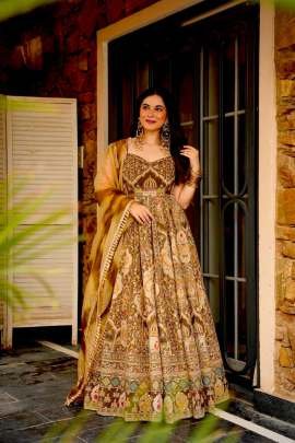 Digital Printed Oragnza  Anarkali Brown Color Gown
