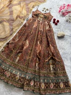 Digital Printed Oragnza  Anarkali Brown Color Gown