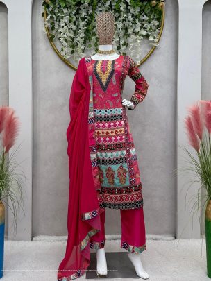 Digital Printed Heavy Satin Silk Designer Suits With Diamond work