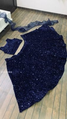 DJ Special Velvet Sequence Blue Lehenga Choli With Ruffle Dupatta