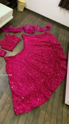 DJ Special Velvet Sequence Rani Pink Lehenga Choli With Ruffle Dupatta