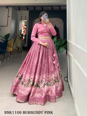 Dola Silk Burgundy Floral Print Pink Lehenga