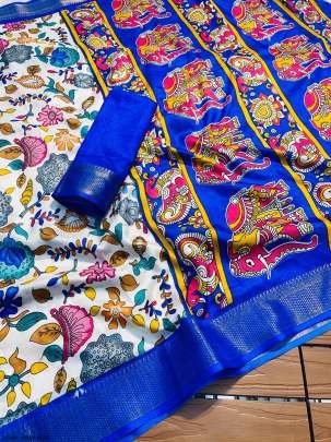 Dola Silk Digital Kalamkari Dark Blue Saree