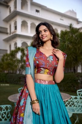 Dola Silk Firozi Lehenga Choli with Kalamkari Print