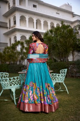Dola Silk Firozi Lehenga Choli with Kalamkari Print