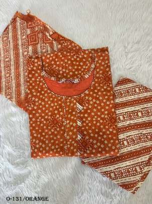Dot Design Orange Cotton Kurti Pant Set