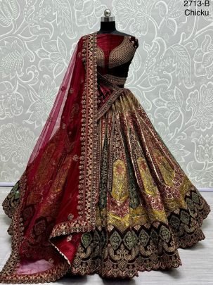 Double dupatta and Heavy Velvet Patchwork Designer Chiku Bridal Lehenga choli 