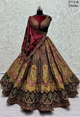 Double dupatta and Heavy Velvet Patchwork Designer Chiku Bridal Lehenga choli