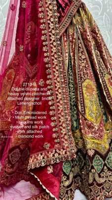 Double dupatta and Heavy Velvet Patchwork Designer Chiku Bridal Lehenga choli
