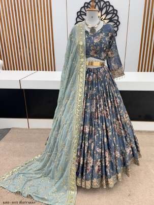 Dusty Gray Heavy Chinon Silk Heavy Embroidery Lehenga Choli Dupatta Set
