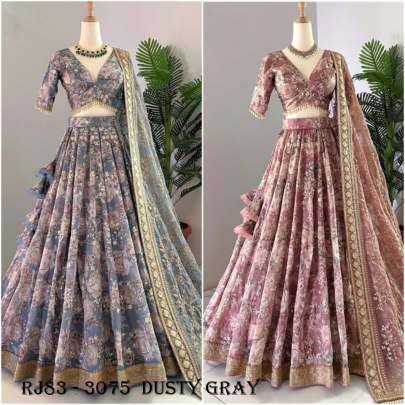 Dusty Gray Heavy Chinon Silk Heavy Embroidery Lehenga Choli Dupatta Set