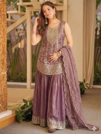 Dusty Lavender Fendy Silk  Party Wear Sharara Set