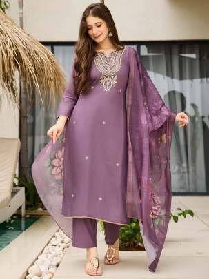Dusty Purple Embroidered Kurti with Floral Dupatta