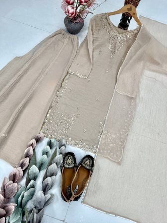 Eid Special Beige Tissue Silk Palazzo Pakistani Suit