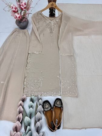 Eid Special Beige Tissue Silk Palazzo Pakistani Suit