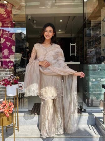 Eid Special Beige Tissue Silk Palazzo Pakistani Suit