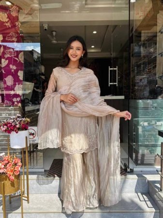 Eid Special Beige Tissue Silk Palazzo Pakistani Suit