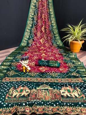 Elegance Bandhej Green Border Red  Silk Saree