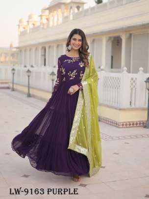 Elegance Embroidered Faux Georgette Purple Gown with Russian Silk Dupatta