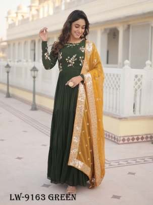 Elegance Embroidered Faux Georgette Green Gown with Russian Silk Dupatta