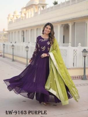 Elegance Embroidered Faux Georgette Purple Gown with Russian Silk Dupatta
