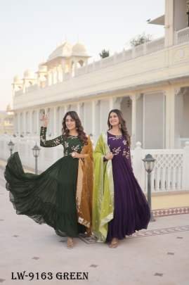 Elegance Embroidered Faux Georgette Green Gown with Russian Silk Dupatta