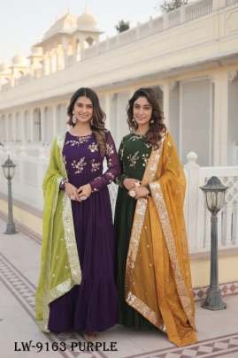 Elegance Embroidered Faux Georgette Purple Gown with Russian Silk Dupatta