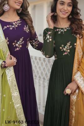 Elegance Embroidered Faux Georgette Green Gown with Russian Silk Dupatta