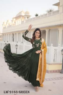 Elegance Embroidered Faux Georgette Green Gown with Russian Silk Dupatta