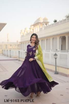 Elegance Embroidered Faux Georgette Purple Gown with Russian Silk Dupatta