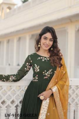 Elegance Embroidered Faux Georgette Green Gown with Russian Silk Dupatta