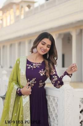 Elegance Embroidered Faux Georgette Purple Gown with Russian Silk Dupatta