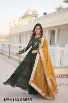 Elegance Embroidered Faux Georgette Green Gown with Russian Silk Dupatta