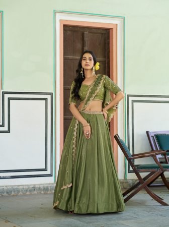 Elegance Olive Green Embroidered Lehenga Set