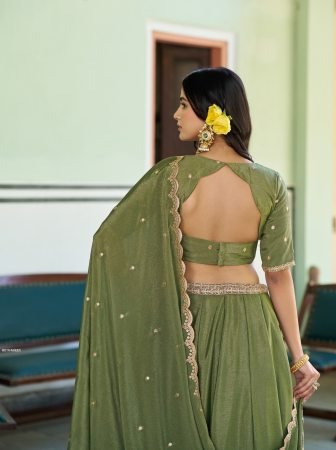 Elegance Olive Green Embroidered Lehenga Set
