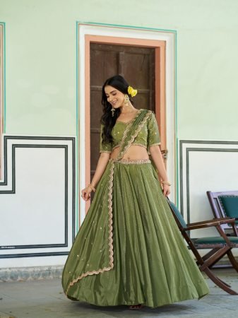 Elegance Olive Green Embroidered Lehenga Set