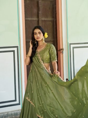 Elegance Olive Green Embroidered Lehenga Set
