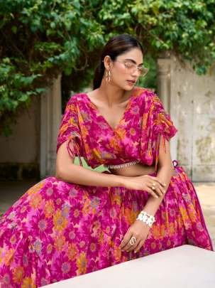 Elegance Pink Floral Printed Crop Top Chiffon Lehenga Choli