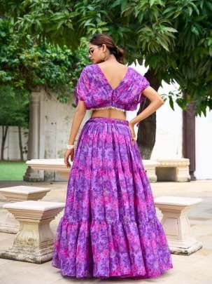 Elegance Purple Floral Printed Crop Top Chiffon Lehenga Choli