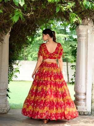 Elegance Red Floral Printed Crop Top Chiffon Lehenga Choli