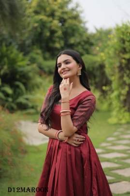 Elegant Banarasi Silk Long Round Neck Maroon Color fancy Gown