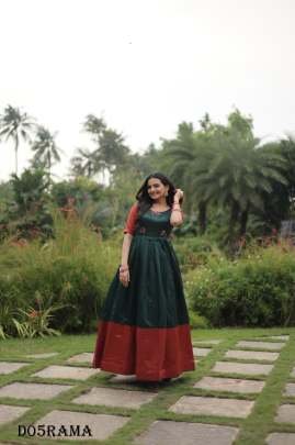 Elegant Banarasi Silk Long Round Neck Rama Color fancy Gown