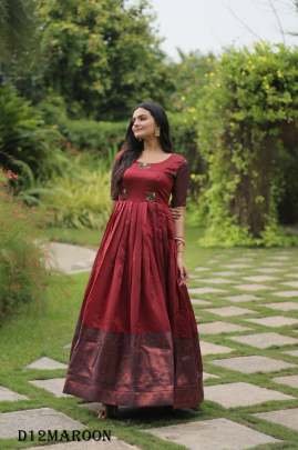 Elegant Banarasi Silk Long Round Neck Maroon Color fancy Gown