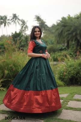 Elegant Banarasi Silk Long Round Neck Rama Color fancy Gown