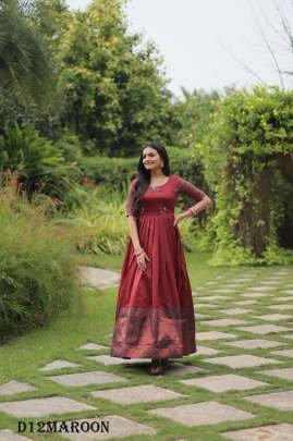 Elegant Banarasi Silk Long Round Neck Maroon Color fancy Gown