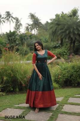 Elegant Banarasi Silk Long Round Neck Rama Color fancy Gown