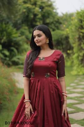 Elegant Banarasi Silk Long Round Neck Maroon Color fancy Gown