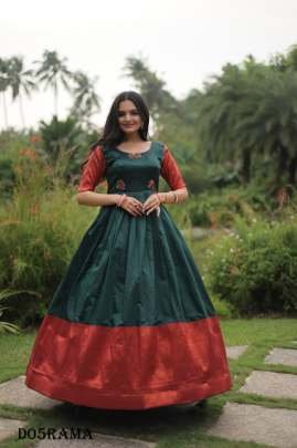 Elegant Banarasi Silk Long Round Neck Rama Color fancy Gown