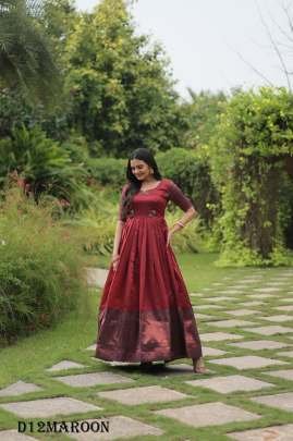 Elegant Banarasi Silk Long Round Neck Maroon Color fancy Gown