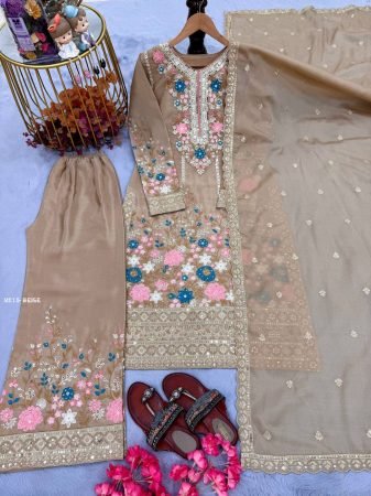 Elegant Beige Heavy  Suit with Sequin Embroidery Palazzo Set
